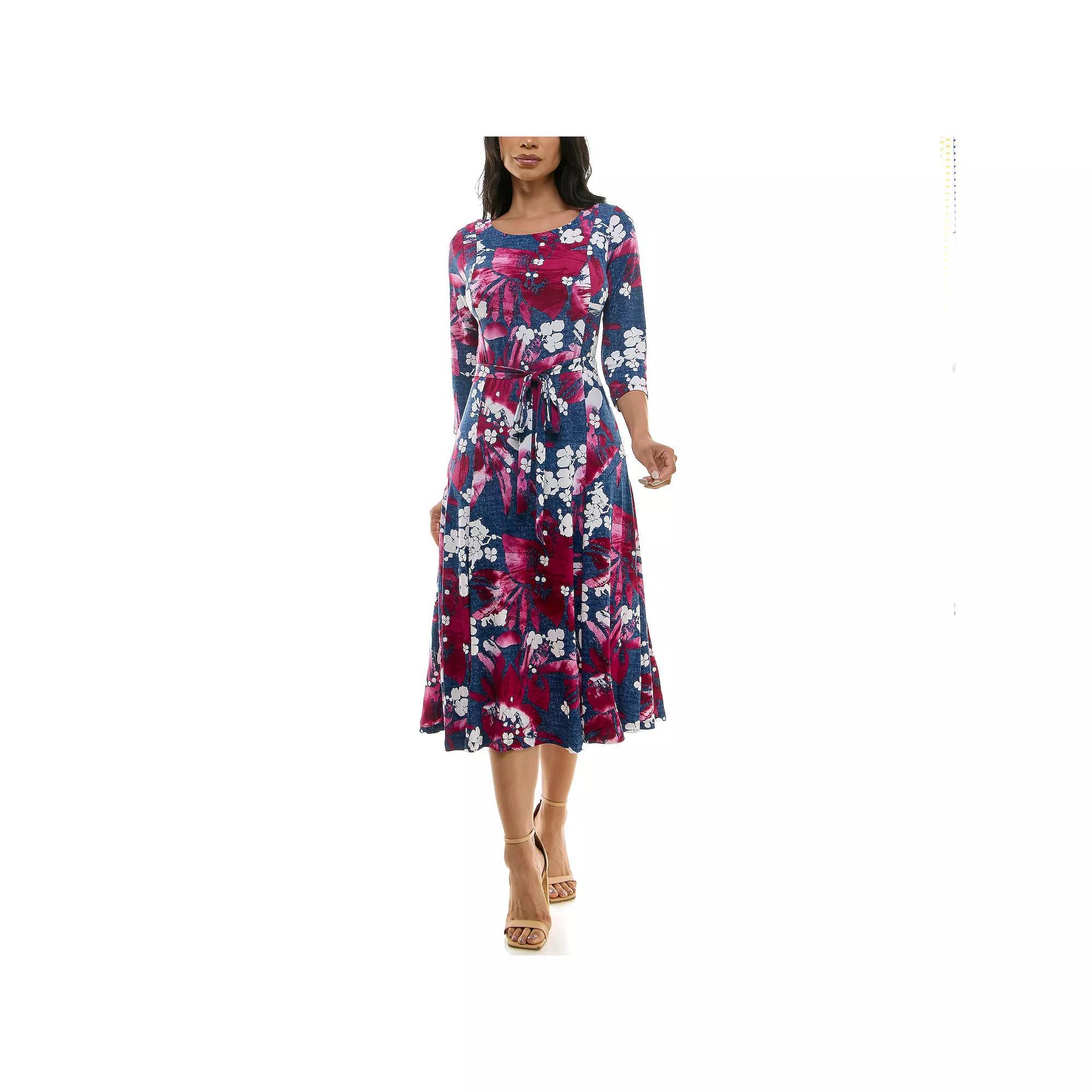 Women's Nina Leonard Belted 3/4 Sleeve Print Midi Dress, Size: Small, Blue Blue Ivory Product Image