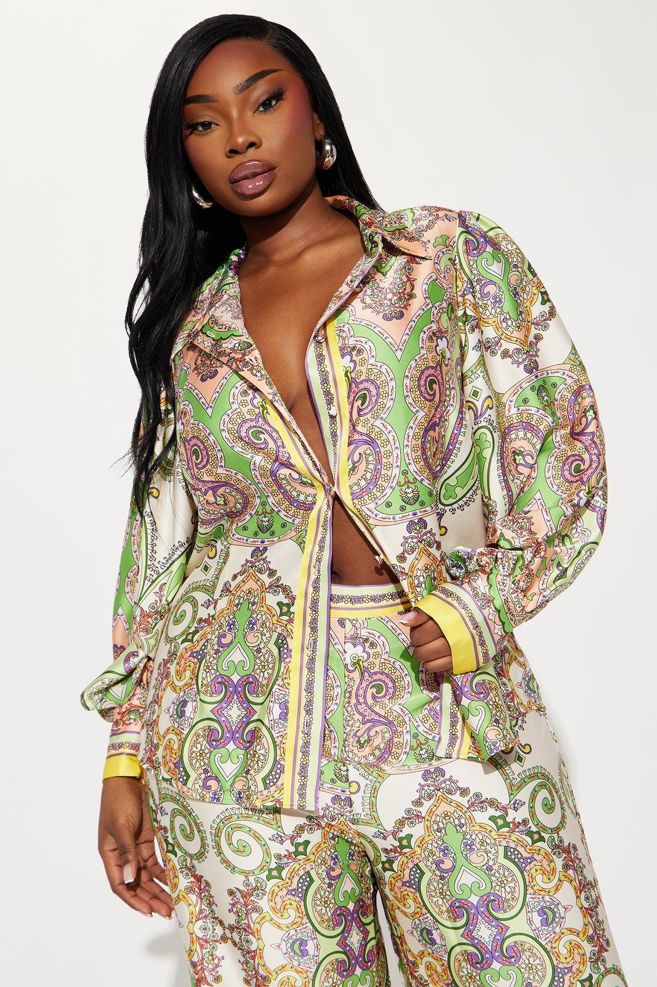 Maldives Satin Pant Set - Green/combo Product Image