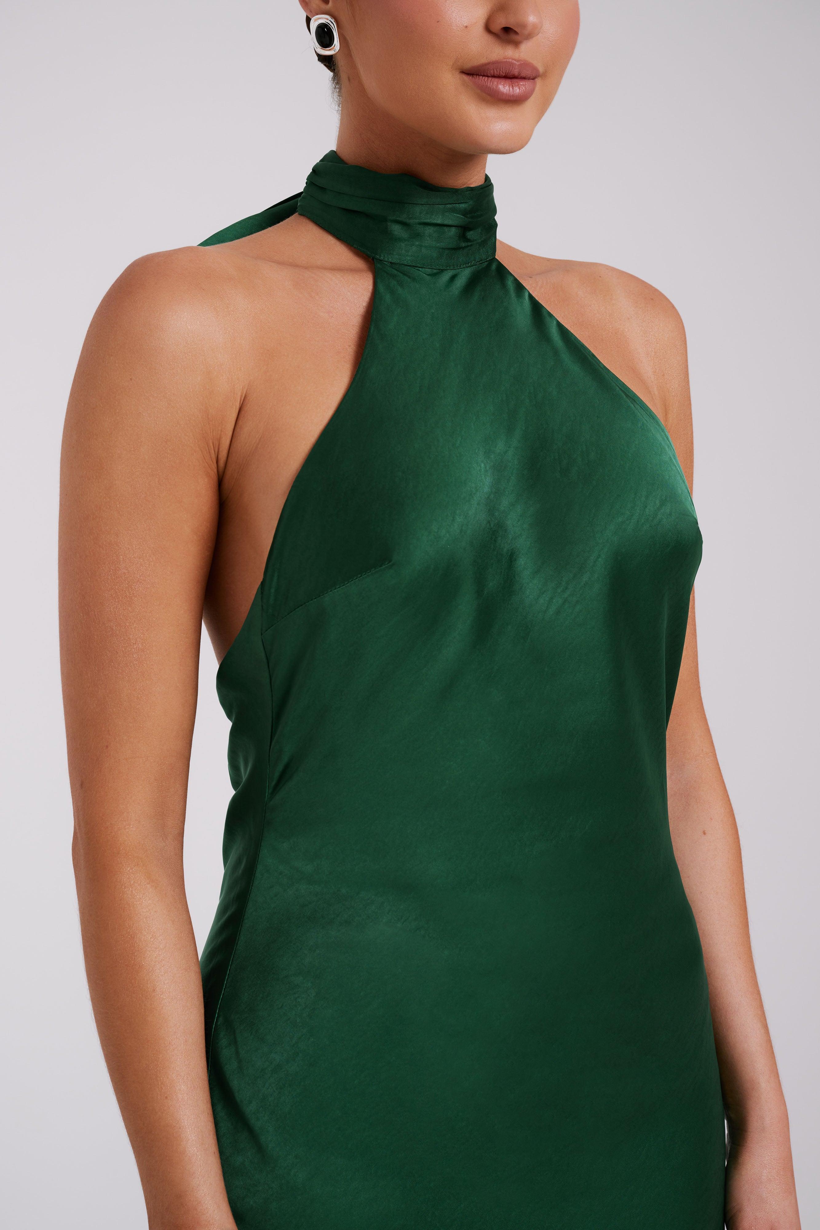 Paulette Satin Midi Dress With Bow - Emerald Product Image