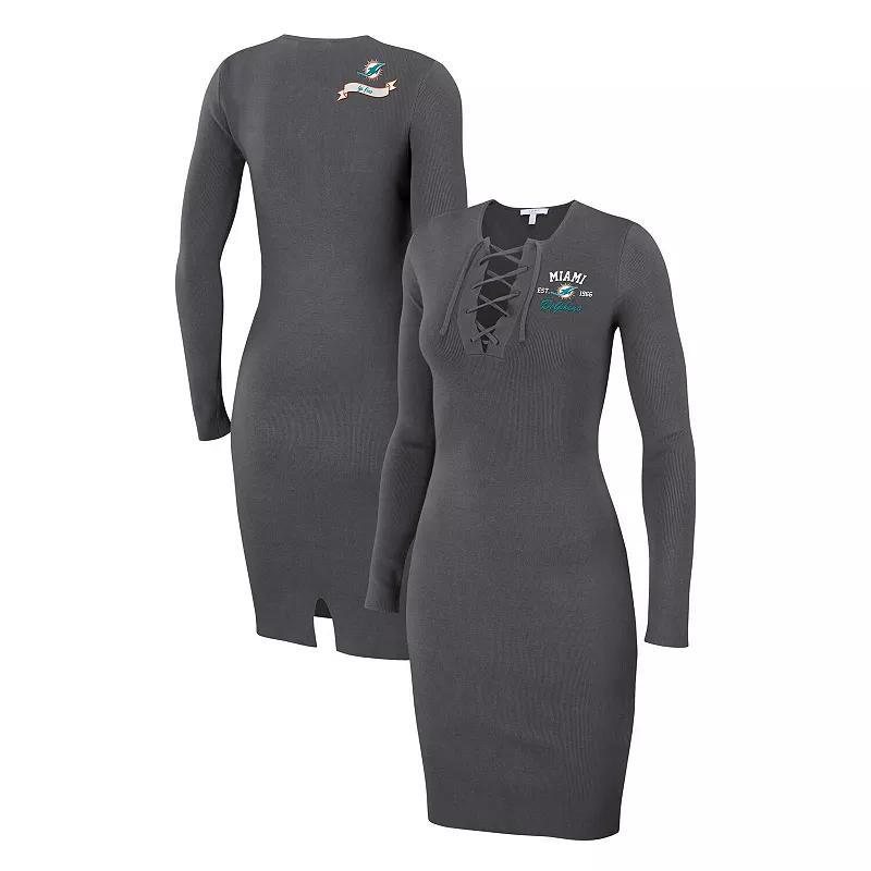 Womens WEAR by Erin Andrews Charcoal Miami Dolphins Lace Up Long Sleeve Dress Product Image
