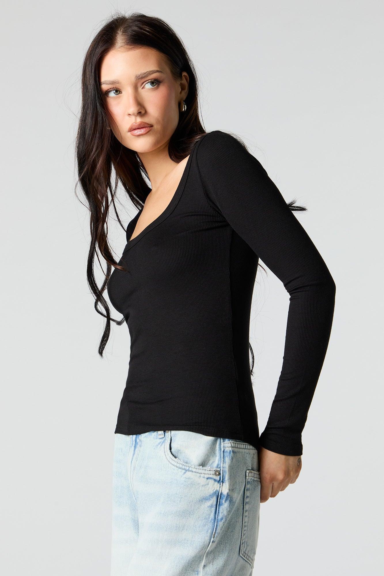 Ribbed Scoop Neck Long Sleeve Top Female Product Image