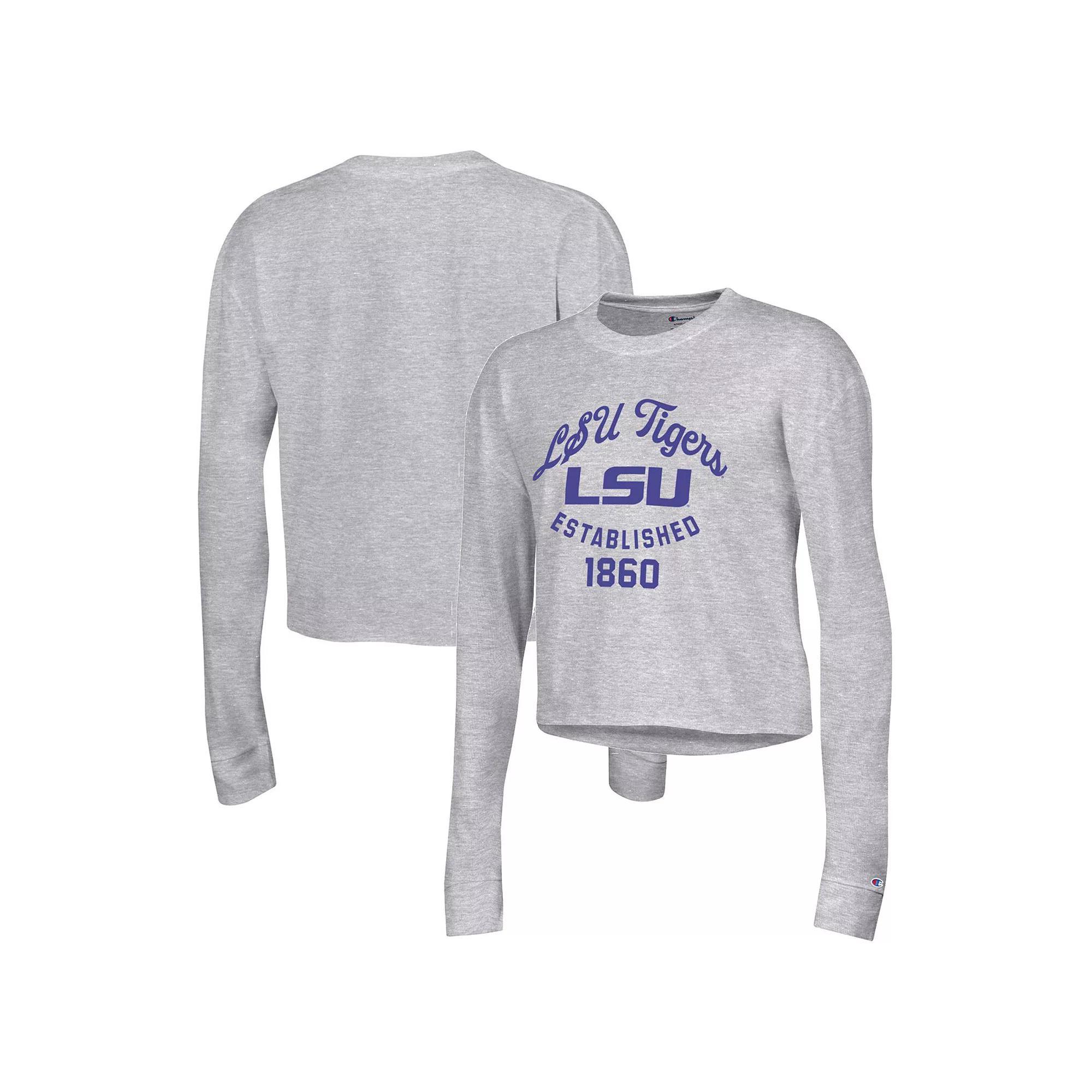 Women's Champion Gray LSU Tigers Boyfriend Cropped Long Sleeve T-Shirt, Size: Medium, Grey Product Image