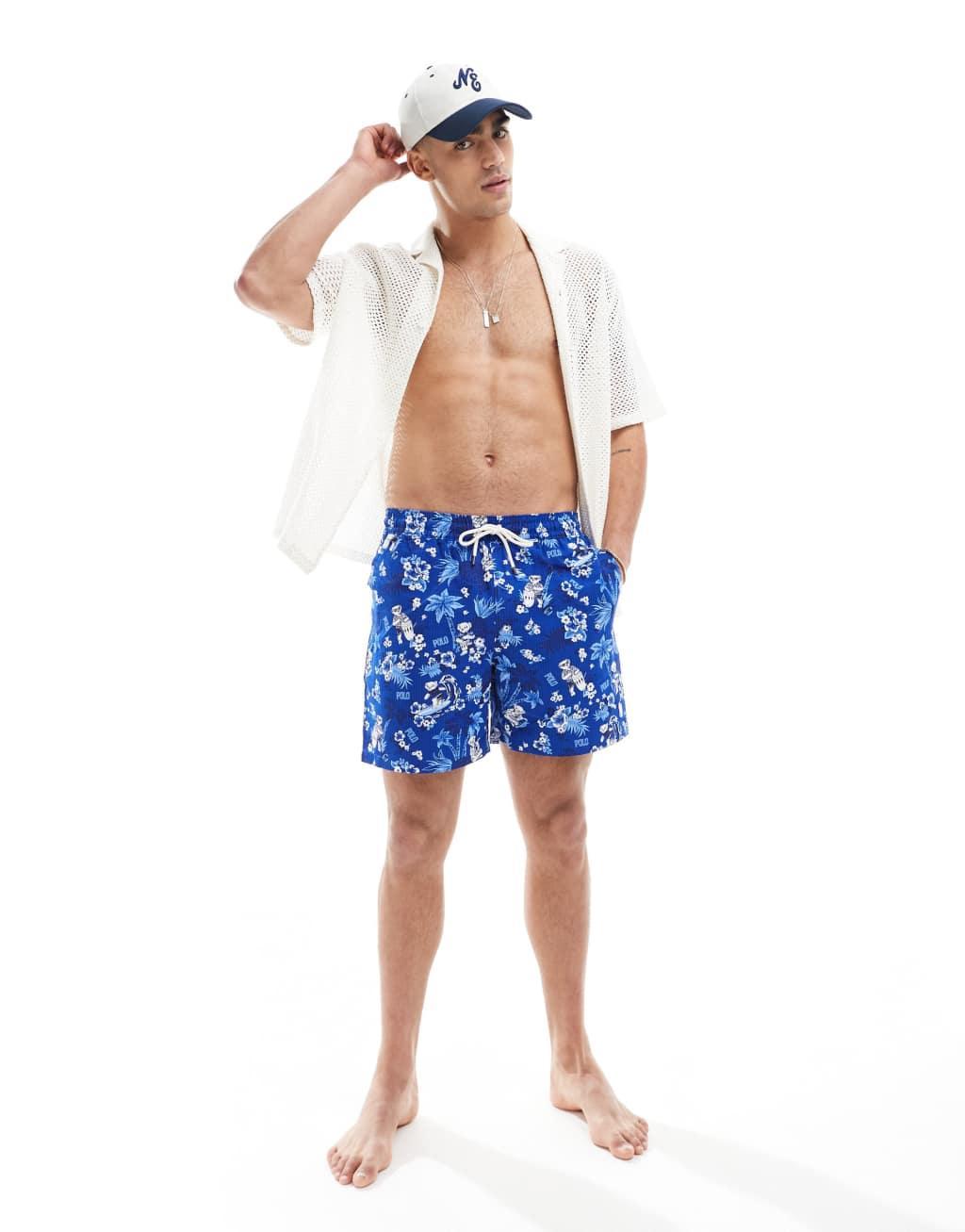 Polo Ralph Lauren Traveler hibiscus bear print swim shorts in mid blue Product Image