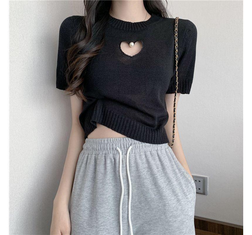 Short-Sleeve Round Neck Plain Heart Keyhole Faux Pearl Knit Top Product Image