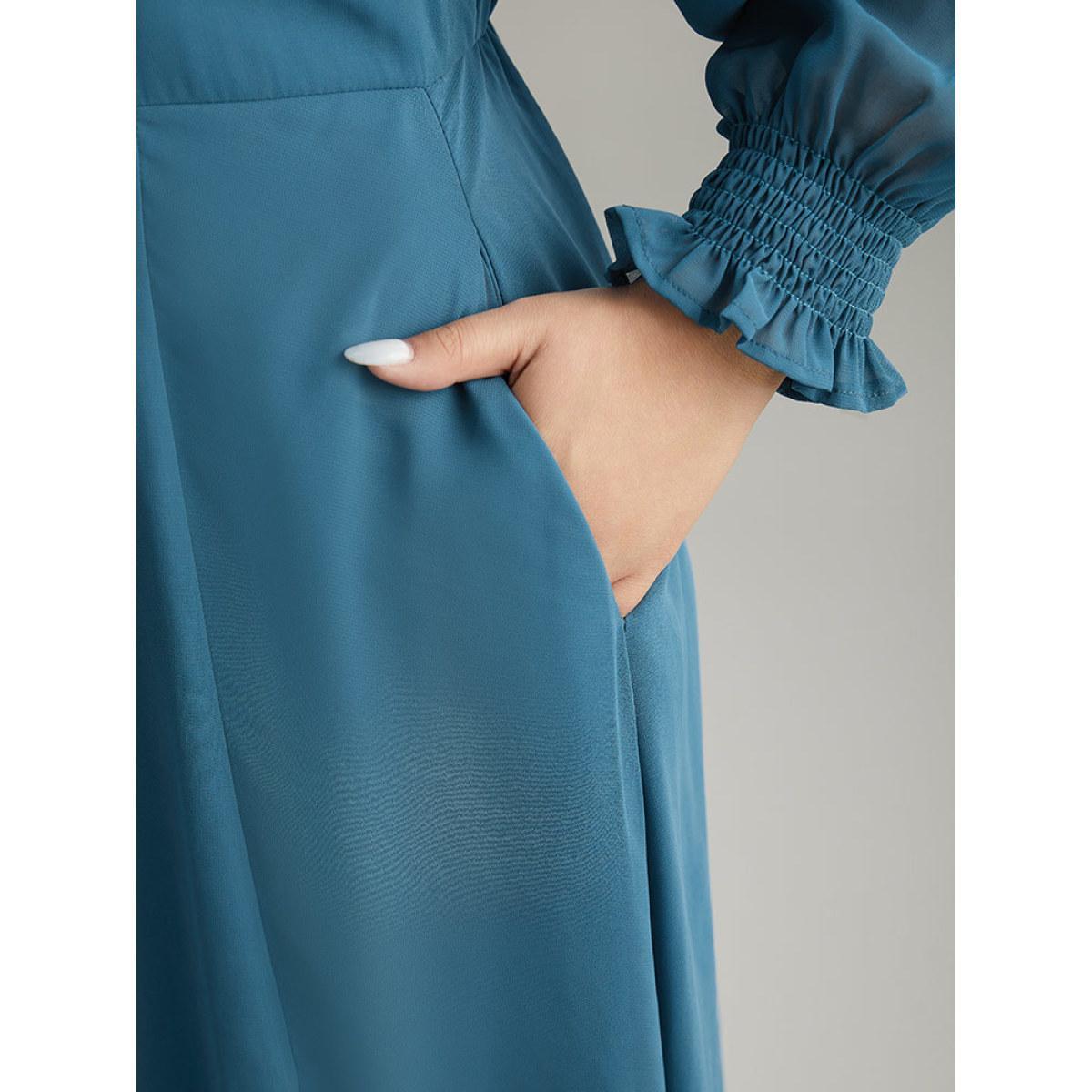 Plus Size Chiffon Square Neck Shirred Lantern Sleeve Split Hem Dress Aegean Women Glamour Plain Square Neck Long Sleeve Curvy Midi Dress BloomChic 10/M Product Image