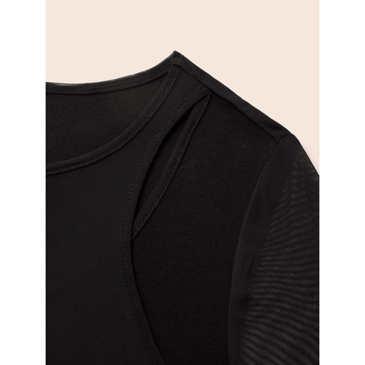 Plus Size Crew Neck Patchwork Mesh Split Hem Dress Black Women Elegant See through Round Neck Long Sleeve Curvy BloomChic 28/5X Product Image