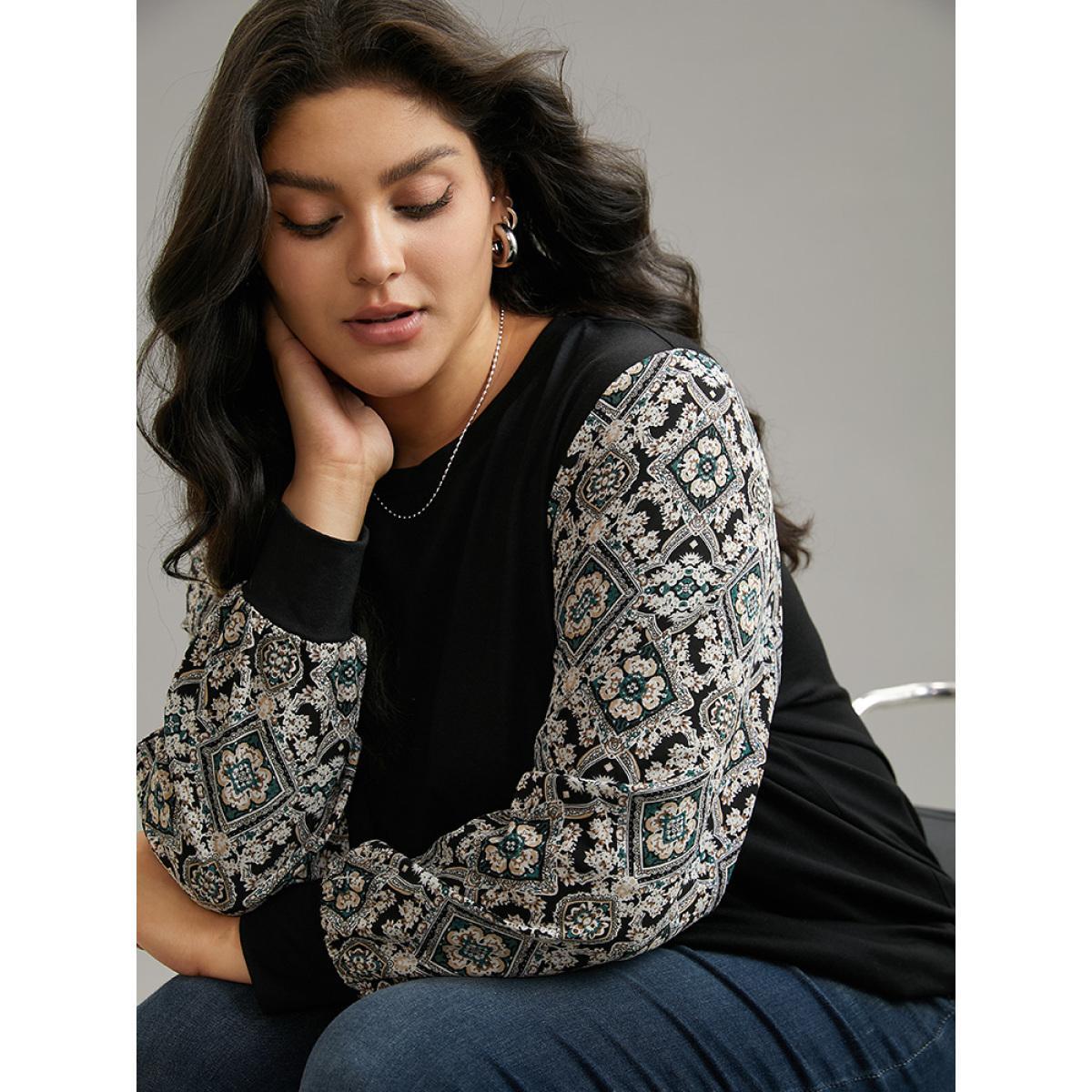 Plus Size Boho Print Patchwork Crew Neck T-shirt Black Women Elegant Printed Bohemian Print Round Neck Dailywear T-shirts BloomChic 10/M Product Image