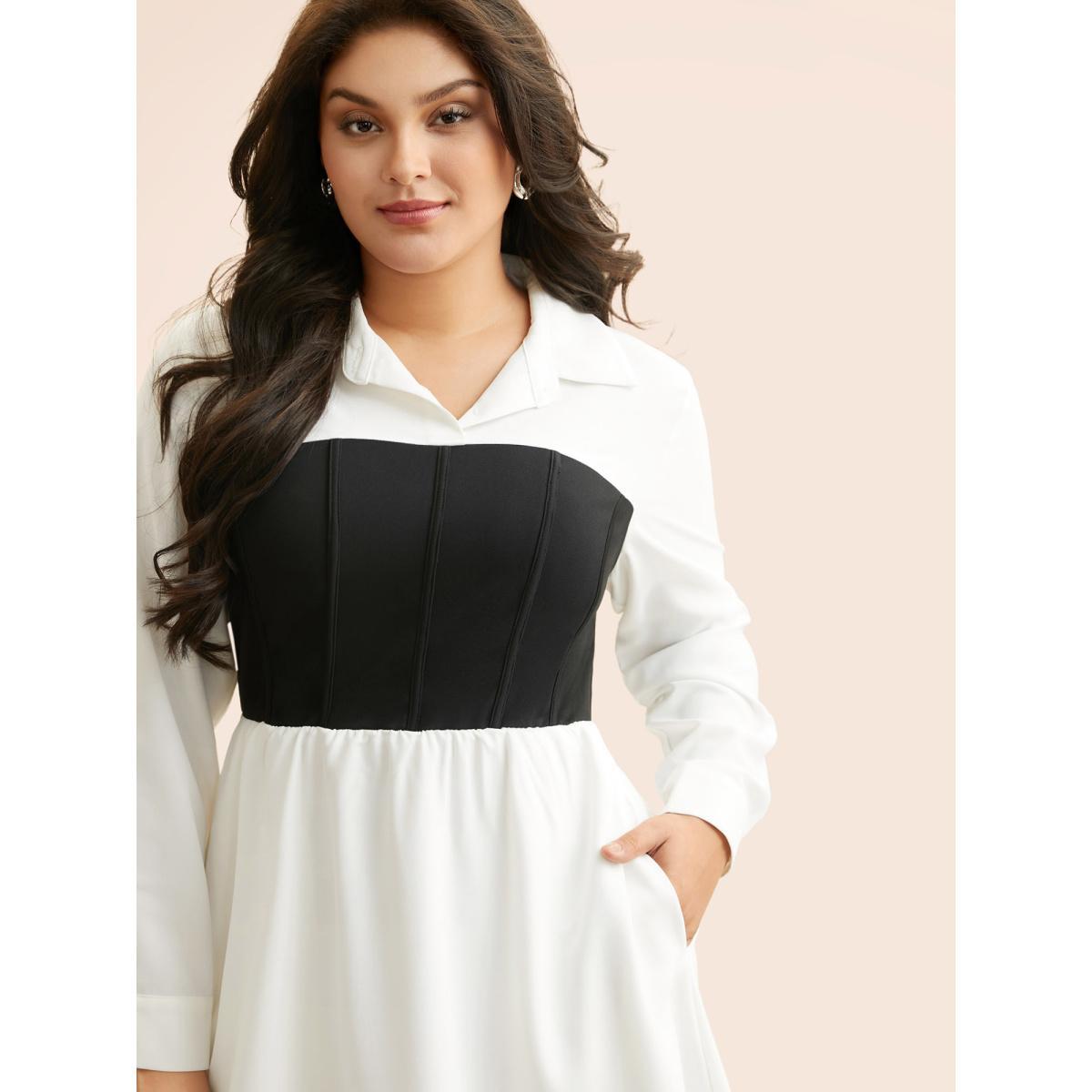 Plus Size Contrast Patchwork Pleated Midi Dress WhiteSmoke Women At the Office Contrast Shirt collar Long Sleeve Curvy BloomChic 12/L Product Image