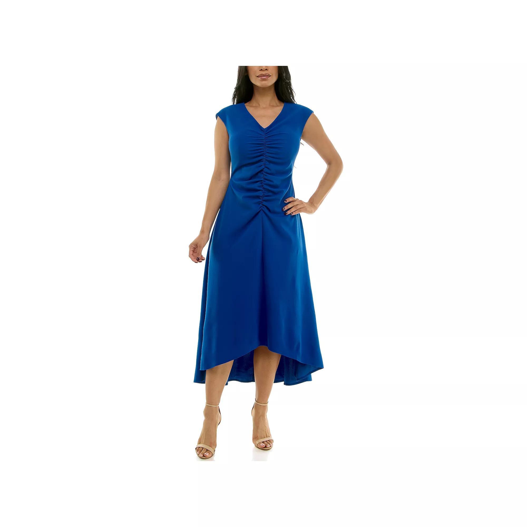 Women's Maison Tara V-Neck Cap Sleeve Ruched Front Midi Dress, Size: 6, Blue Product Image