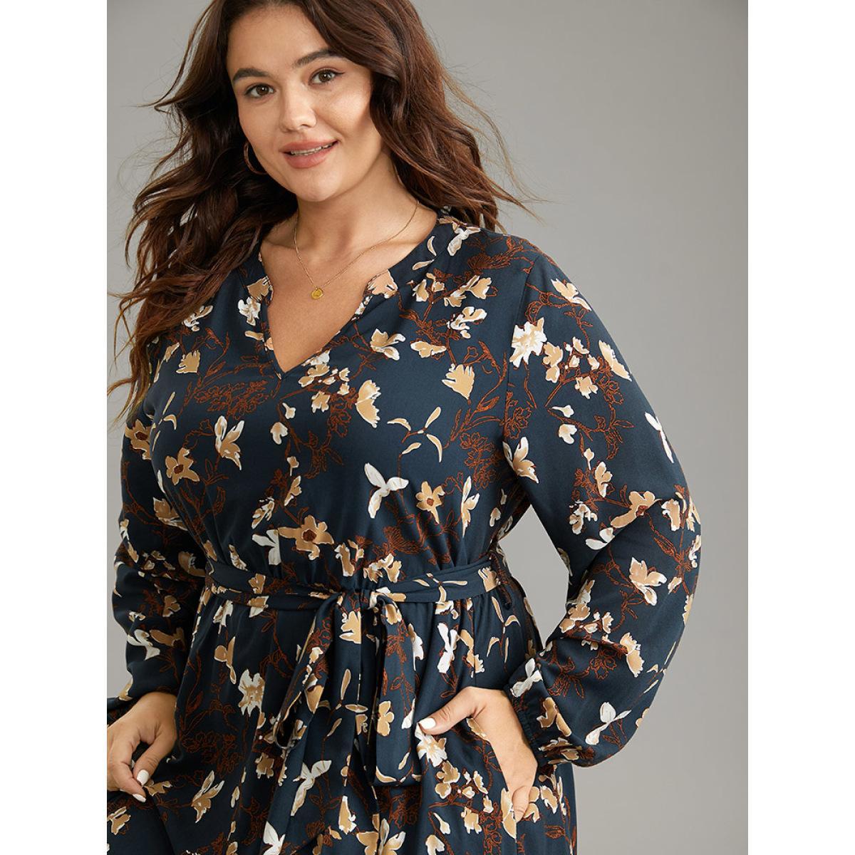 Plus Size Floral Print Notched Belted Lantern Sleeve Dress DarkBlue Women Elegant Elastic cuffs Notched collar Long Sleeve Curvy Midi Dress BloomChic 14-16/1X Product Image