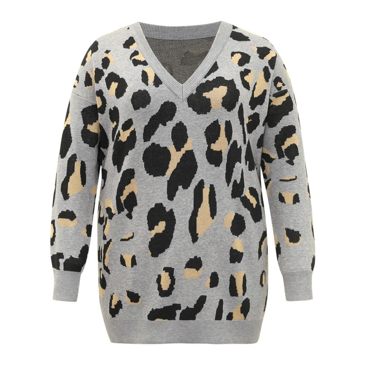 Plus Size Anti-Pilling Leopard Elastic Cuffs Pullover Leopard Women Casual Loose Long Sleeve V-neck Dailywear Pullovers BloomChic 18-20/2X Product Image