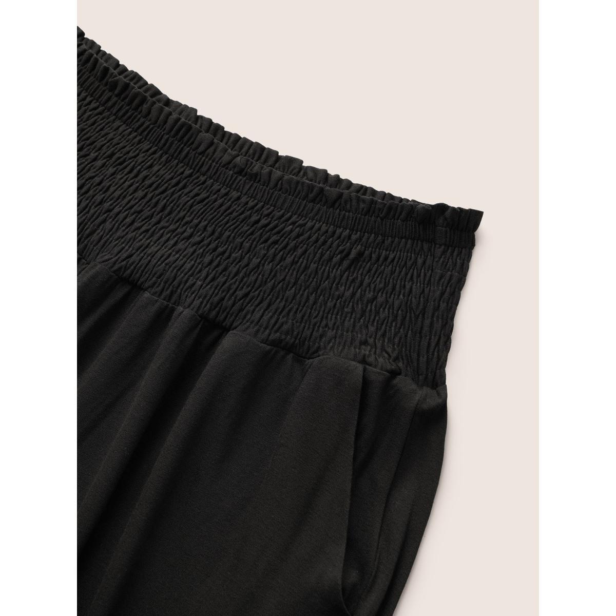 Plus Size Plain Shirred Pocket Elastic Waist Pants Women Black Casual Loose High Rise Everyday Pants BloomChic 28/5X Product Image