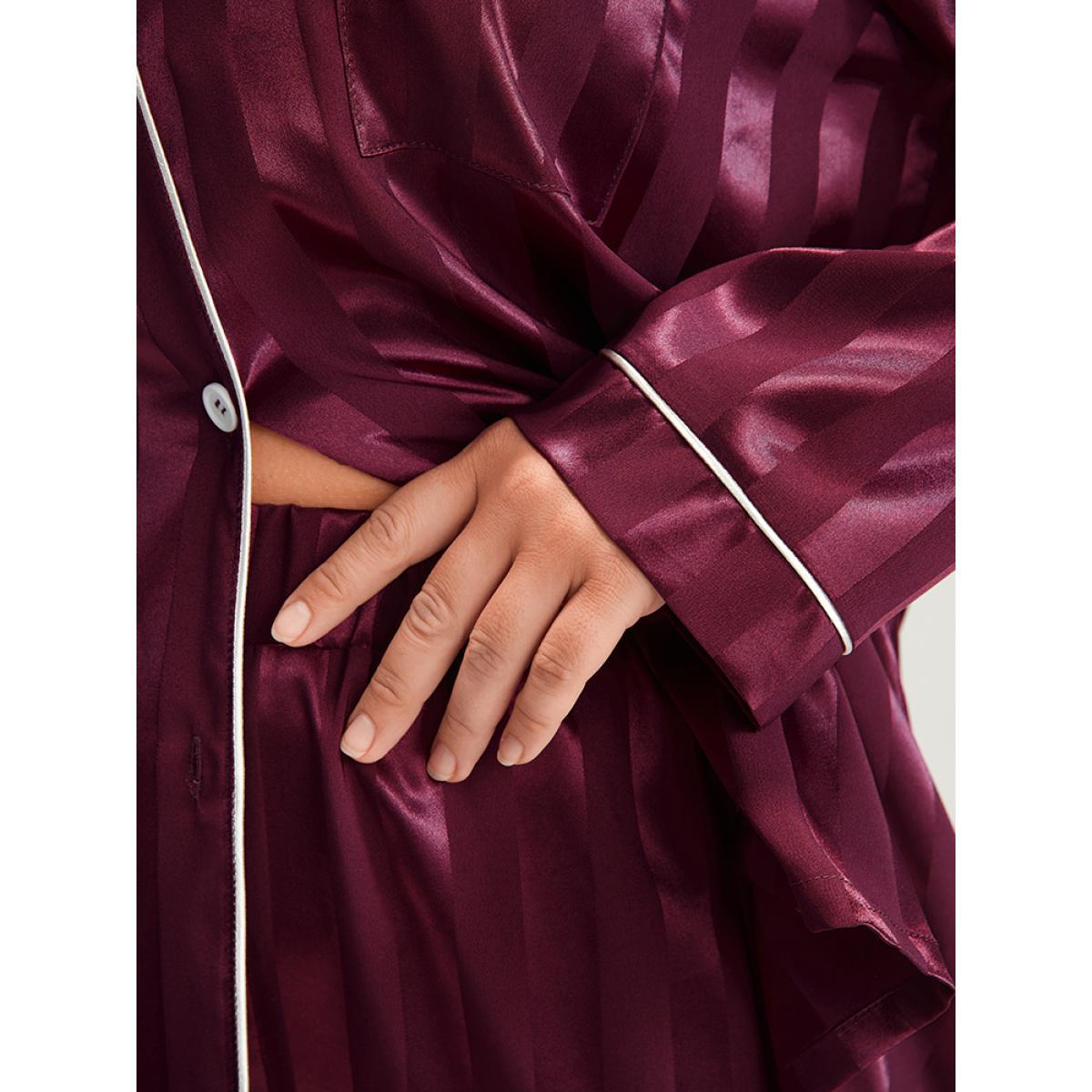 Plus Size Solid Striped Button Satin Pajama Set Women Burgundy Plain Patchwork Long Sleeve Shirt collar Casual Loungewear Sets BloomChic 18-20/2X Product Image