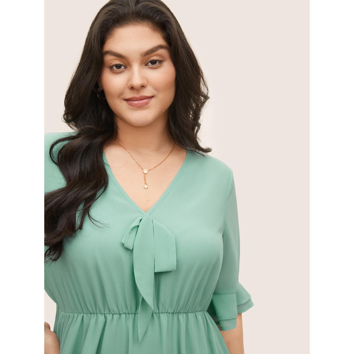 Plus Size Solid Bowknot Patchwork Tiered Ruffle Sleeve Dress Turquoise Women Elegant Non V-neck Half Sleeve Curvy Midi Dress BloomChic 22-24/3X Product Image