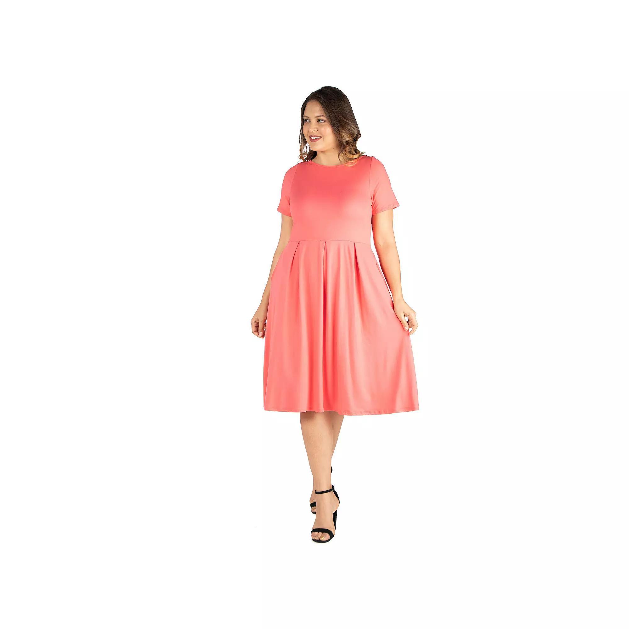 Plus Size 24seven Comfort Apparel Short Sleeve Midi Skater Dress With Pockets, Women's, Size: 3XL, Pink Product Image