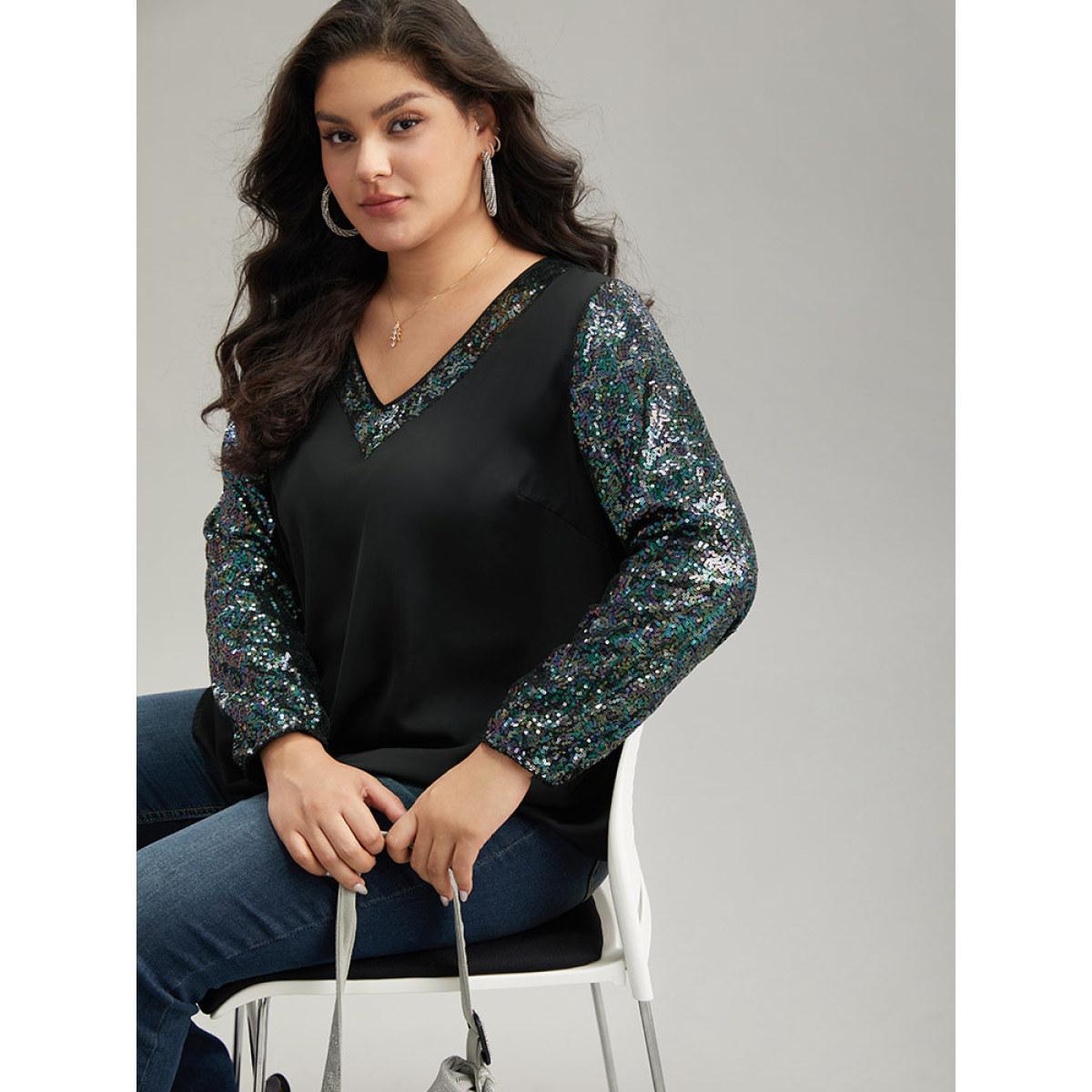 Plus Size Black Sequin Patchwork V Neck Blouse Women Glamour Long Sleeve V-neck Going out Blouses BloomChic 28/5X Product Image
