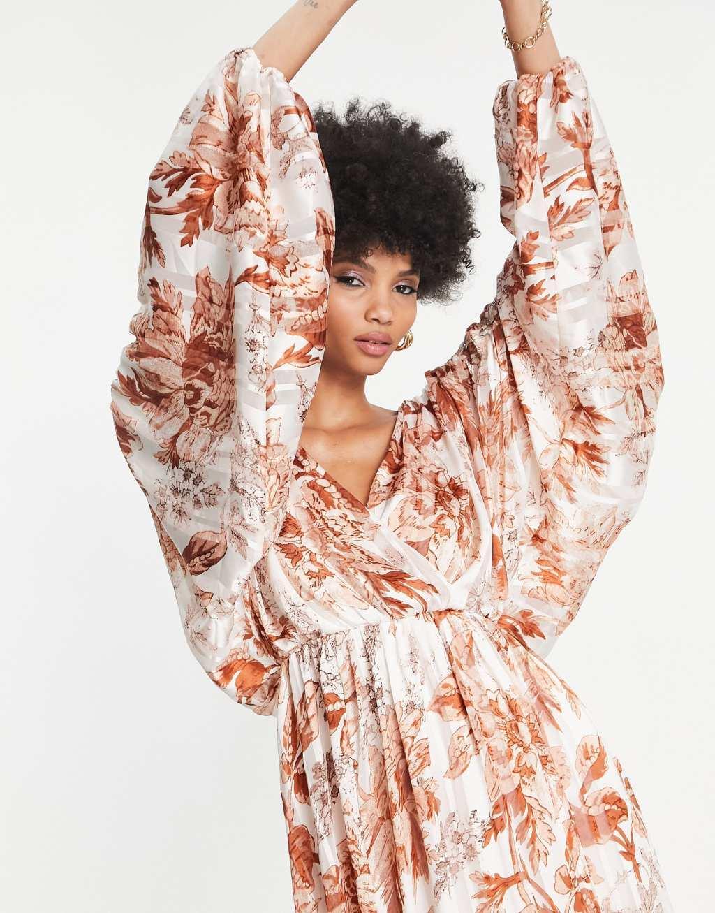 ASOS DESIGN Tall satin stripe blouson maxi dress with ring detail Product Image