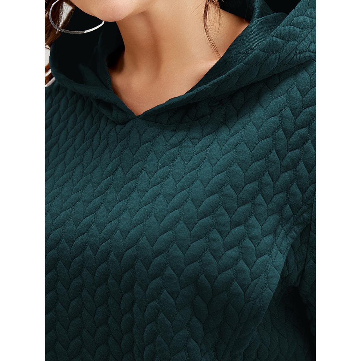 Plus Size Solid Asymmetrical Hem Cable Knit Hooded Sweatshirt Women DarkGreen Lounge Asymmetrical Hooded Everyday Sweatshirts BloomChic 26/4X Product Image