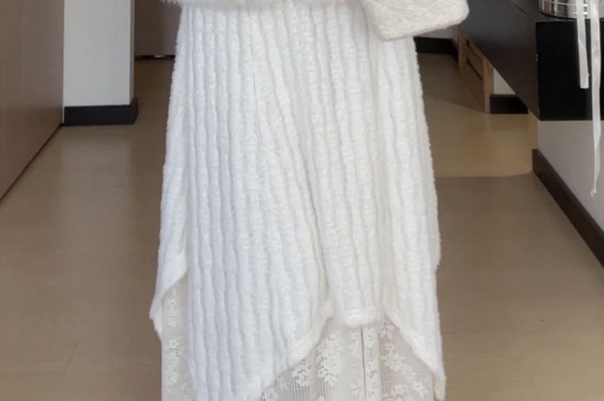 Long-Sleeve V-Neck Mock Two-Piece Asymmetrical Lace Panel Layered Midi A-Line Knit Dress / Mock Neck Dress Product Image