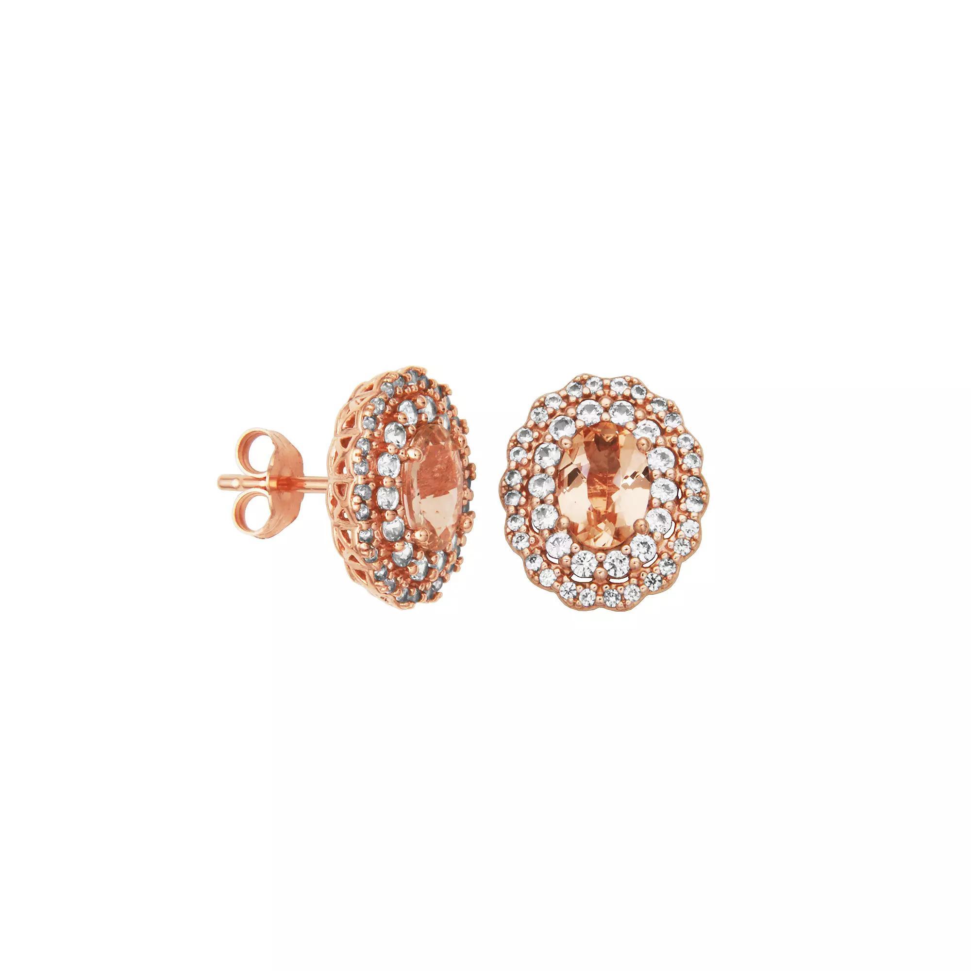 14k Rose Gold Over Silver Genuine Morganite & Lab-Created White Sapphire Double Halo Earrings, Women's, Pink Tone Product Image