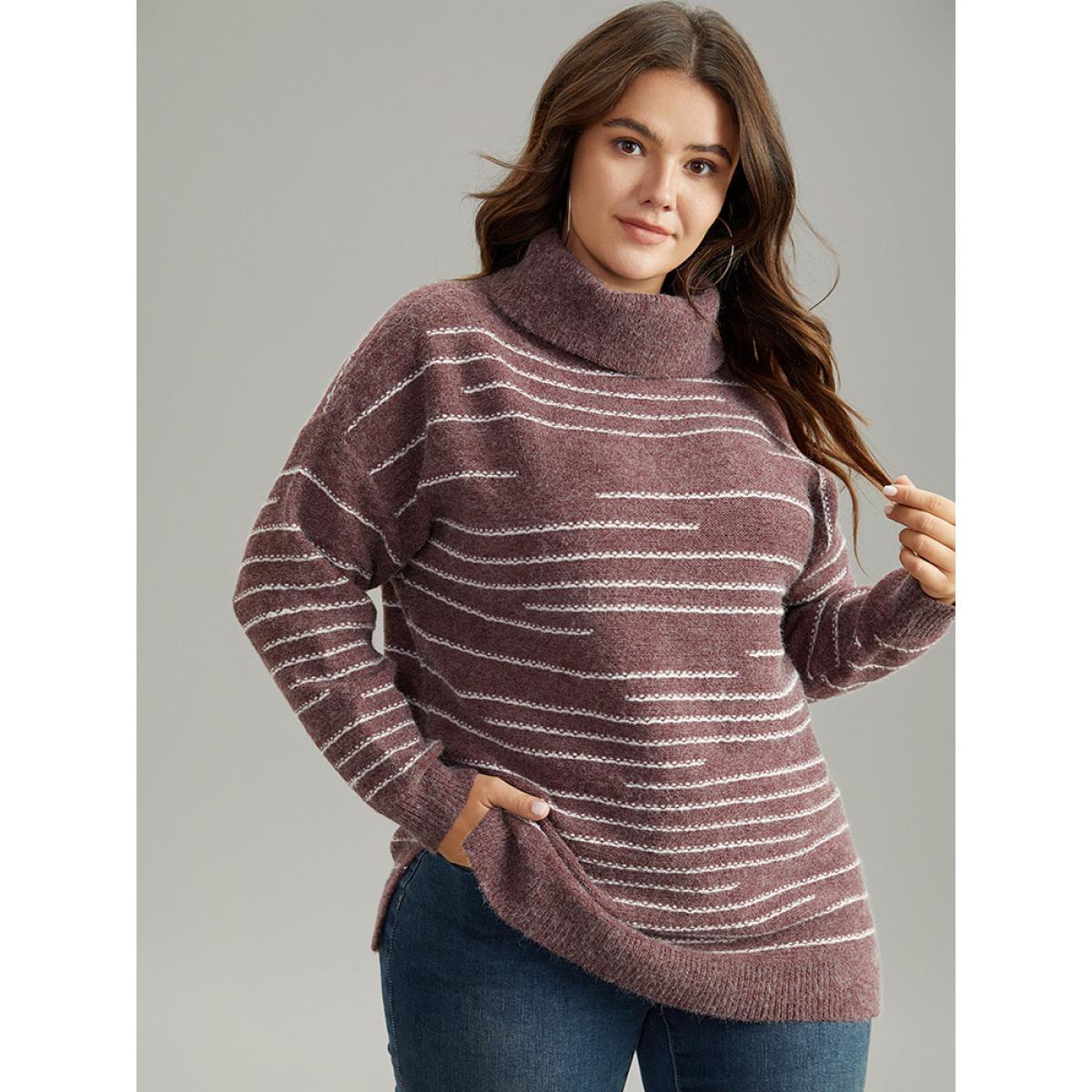 Plus Size Striped Heather Turtleneck Split Hem Pullover Burgundy Women Casual Loose Long Sleeve Turtleneck Everyday Pullovers BloomChic 10/M Product Image