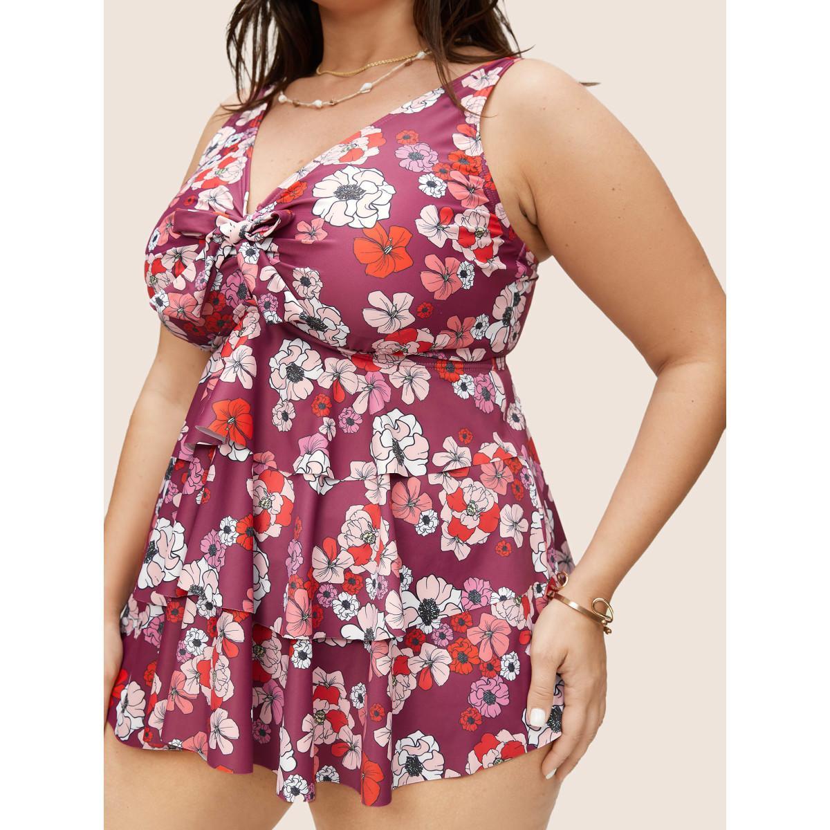 Plus Size Ditsy Floral Bowknot Flutter Layered Hem Swim Top Women's Swimwear RedViolet Beach Non High stretch Bodycon V-neck Curve Swim Tops BloomChic 22-24/3X Product Image