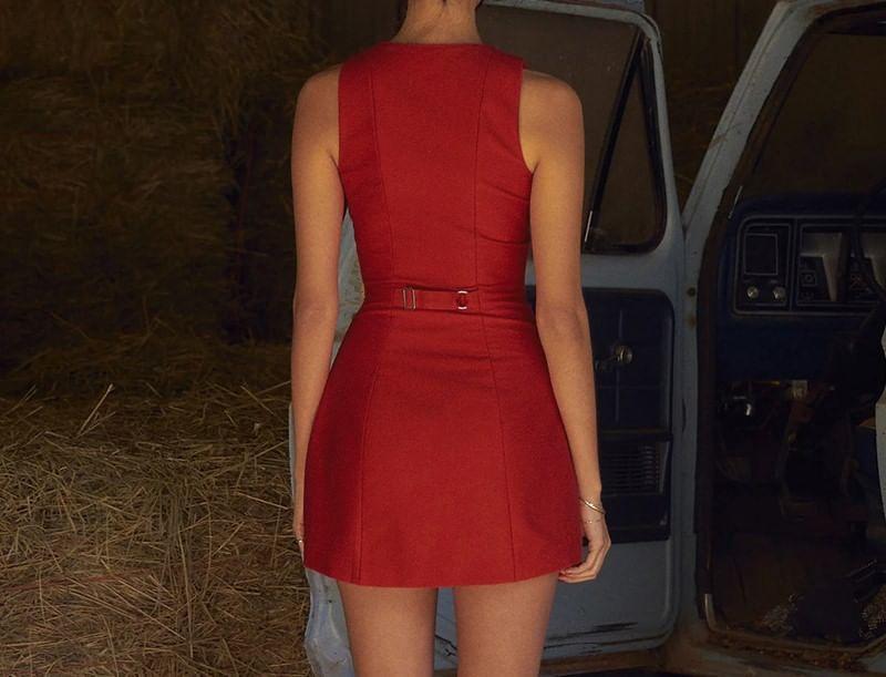 Sleeveless Round Neck Plain Button Mini A-Line Dress Product Image