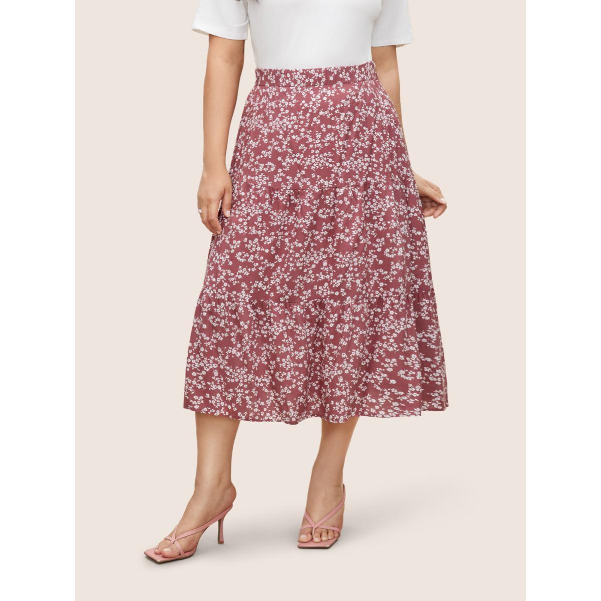 Plus Size Ditsy Floral Elastic Waist Pocket Skirt Women DustyPink Elegant Non No stretch Slanted pocket Everyday Skirts BloomChic 26/4X Product Image