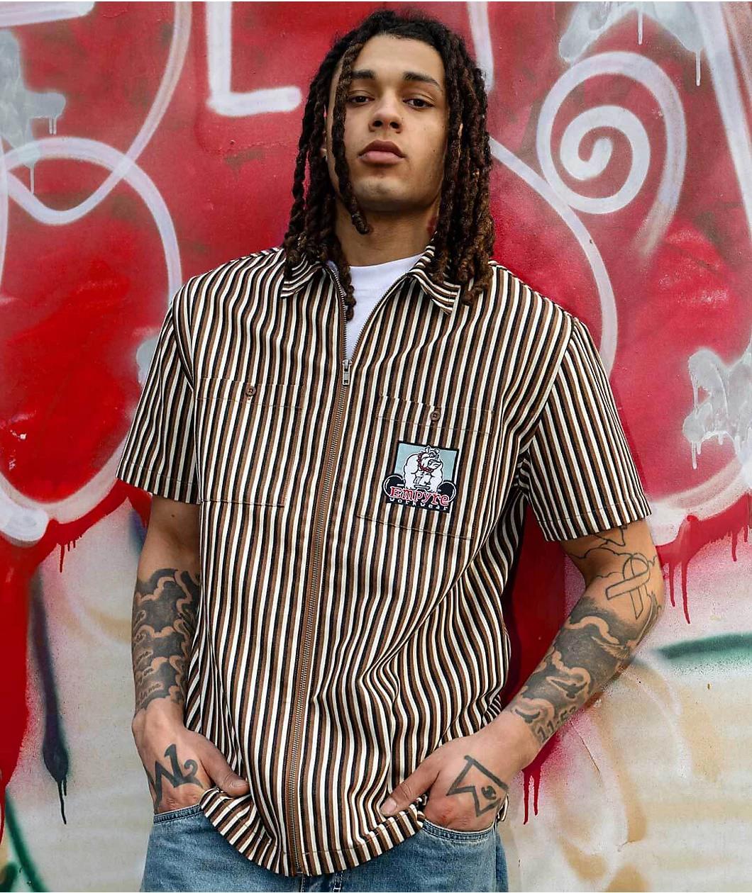 Empyre Glen Black, White & Brown Stripe Short Sleeve Zip Shirt Product Image