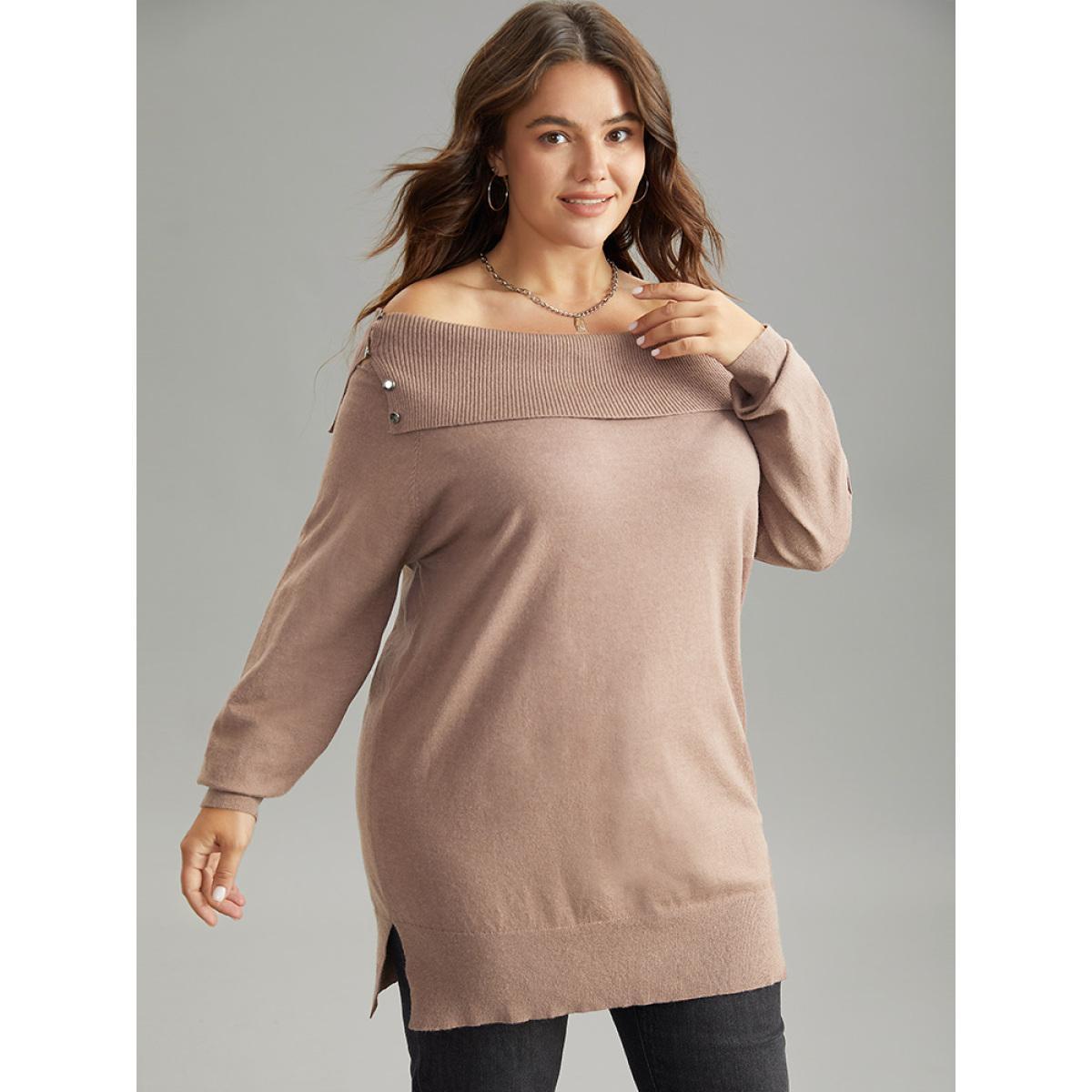Plus Size Supersoft Essentials Anti-Pilling Off Shoulder Pullover Tan Women Casual Bodycon Long Sleeve One-shoulder neck Dailywear Pullovers BloomChic 30/6X Product Image
