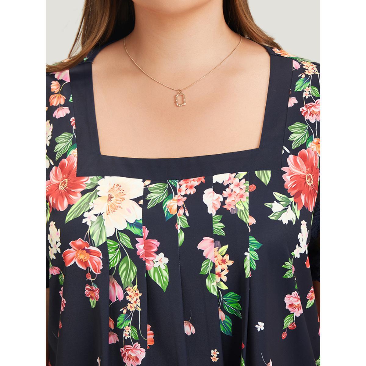 Plus Size Indigo Floral Pleated Mesh Lace Sleeve Square Neck Blouse Women Vacation Short sleeve Square Neck Dailywear Blouses BloomChic 18-20/2X Product Image