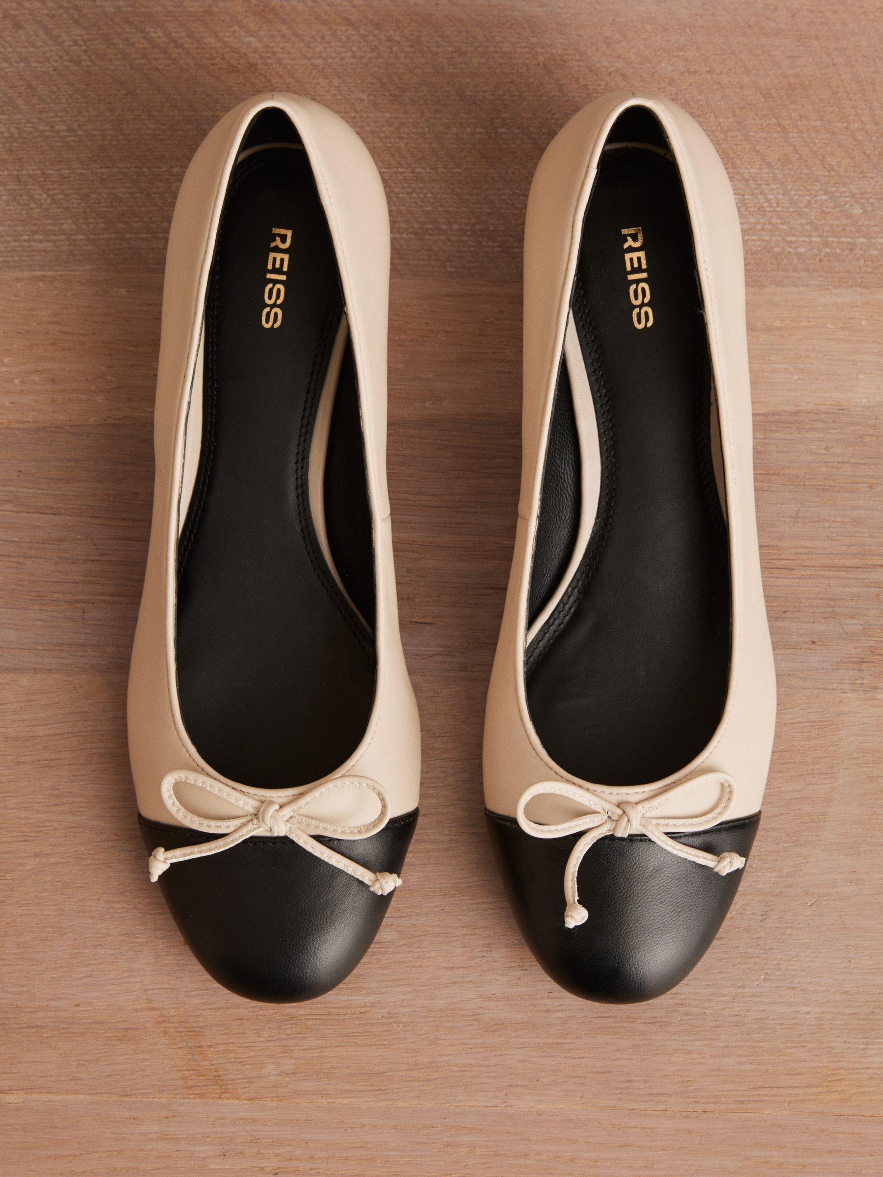 Leather Block Heel Ballerina Shoes in White/Black Product Image