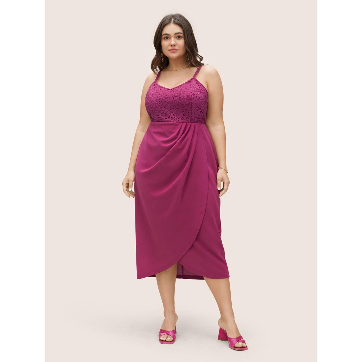 Plus Size Lace Insert Plicated Detail Zipper Cami Dress RedViolet Women Elegant Adjustable Straps Spaghetti Strap Sleeveless Curvy Midi Dress BloomChic 26/4X Product Image