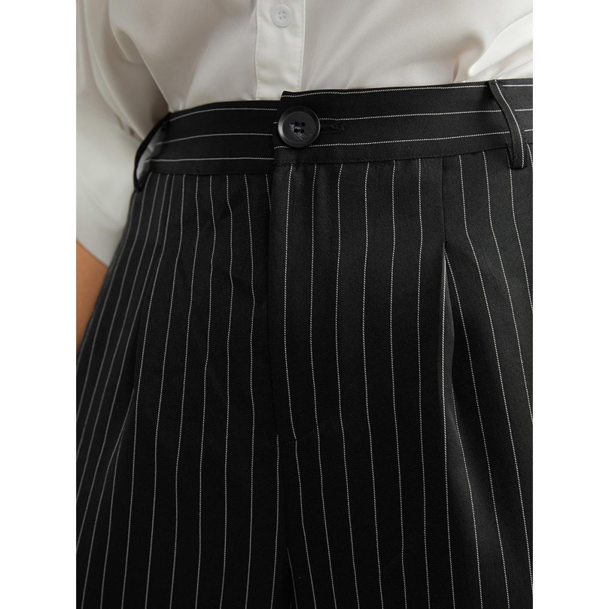Plus Size Striped Button Up Wide Leg Pants Women Black Workwear Essentials Wide Leg High Rise Work Pants BloomChic 10/M Product Image