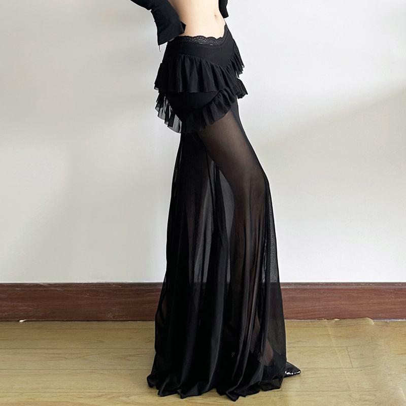 Mid Waist Plain Ruffle  Mesh See-through Panel A-Line Maxi Skirt Product Image