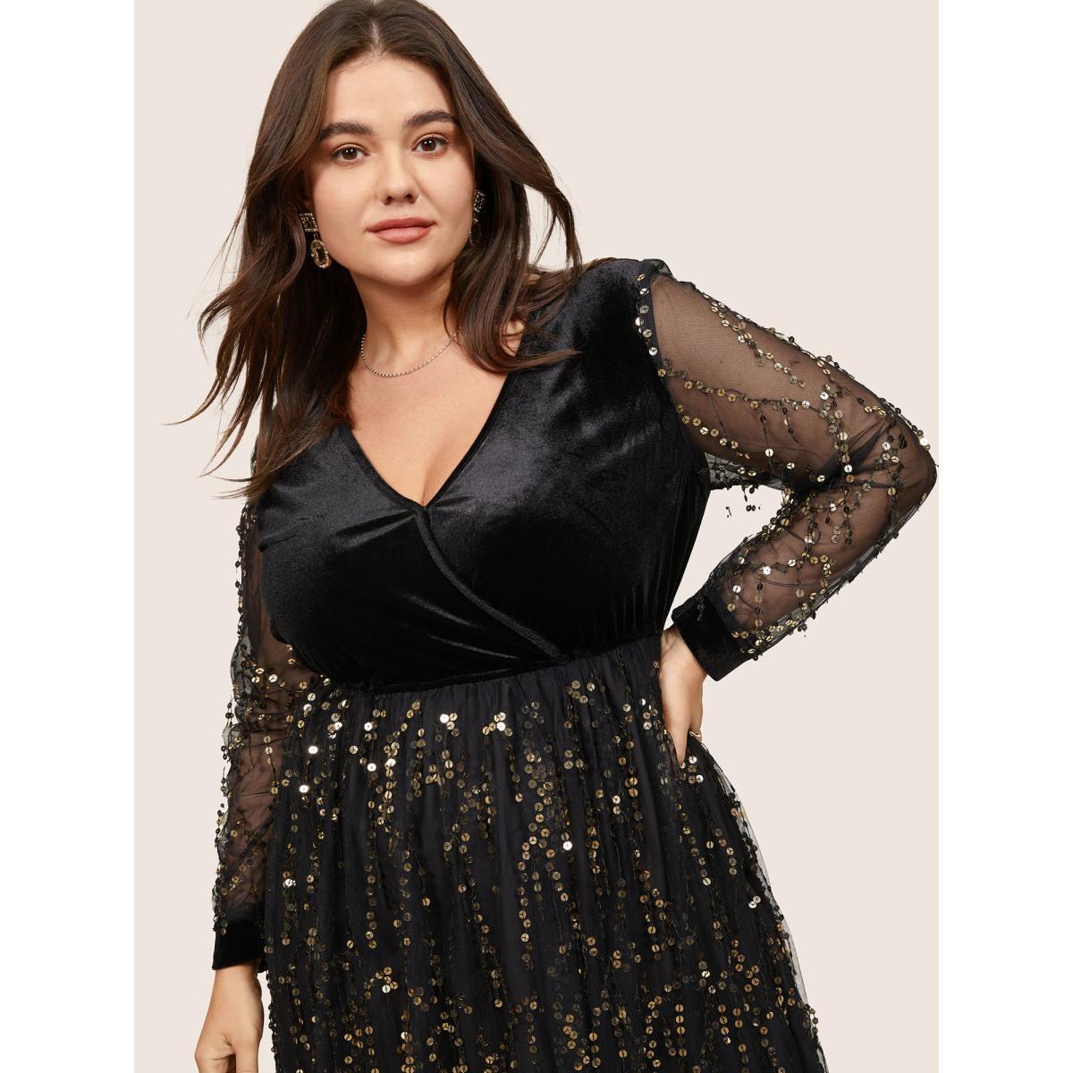 Plus Size Velvet Sequin Tassels Mesh Surplice Neck Dress Black Women Cocktail Sequin Overlap Collar Long Sleeve Curvy Midi Dress BloomChic 10/M Product Image