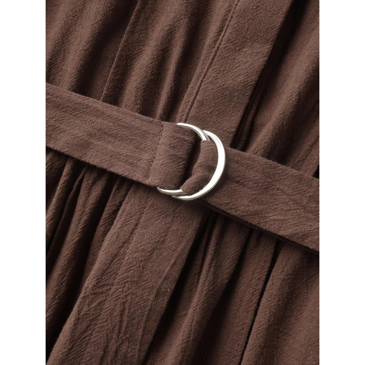 Plus Size Pure Cotton Adjustable Belt Placket Midi Dress Browncoffeecolor Women Tucked seam Round Neck Sleeveless Curvy BloomChic 28/5X Product Image