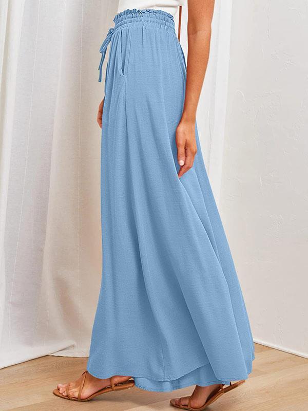 High Waisted Loose Drawstring Elasticity Pockets Solid Color Pants Trousers Product Image