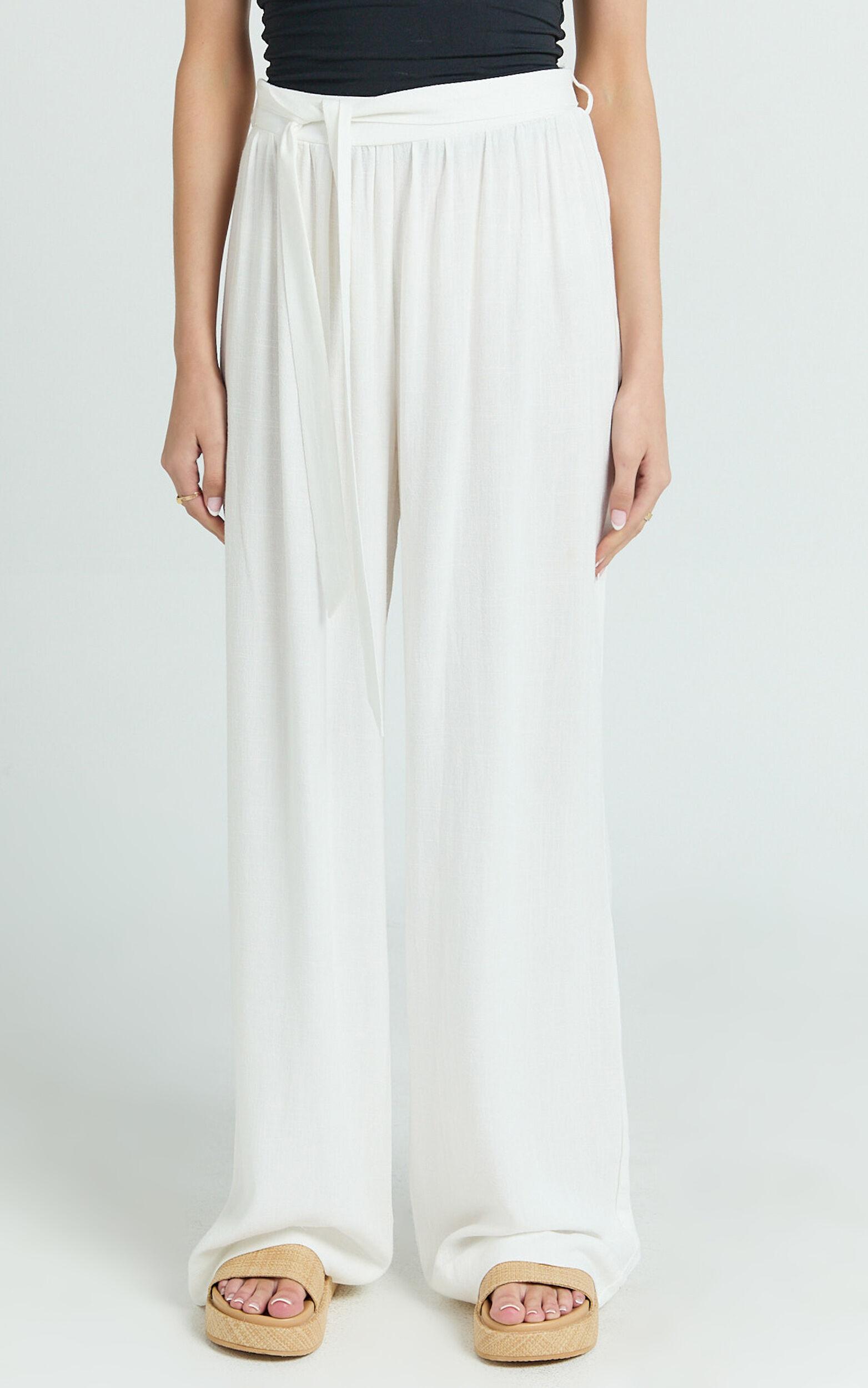 Kalli Pants - Linen Look Belted Wide Leg Relaxed Pants in White Product Image