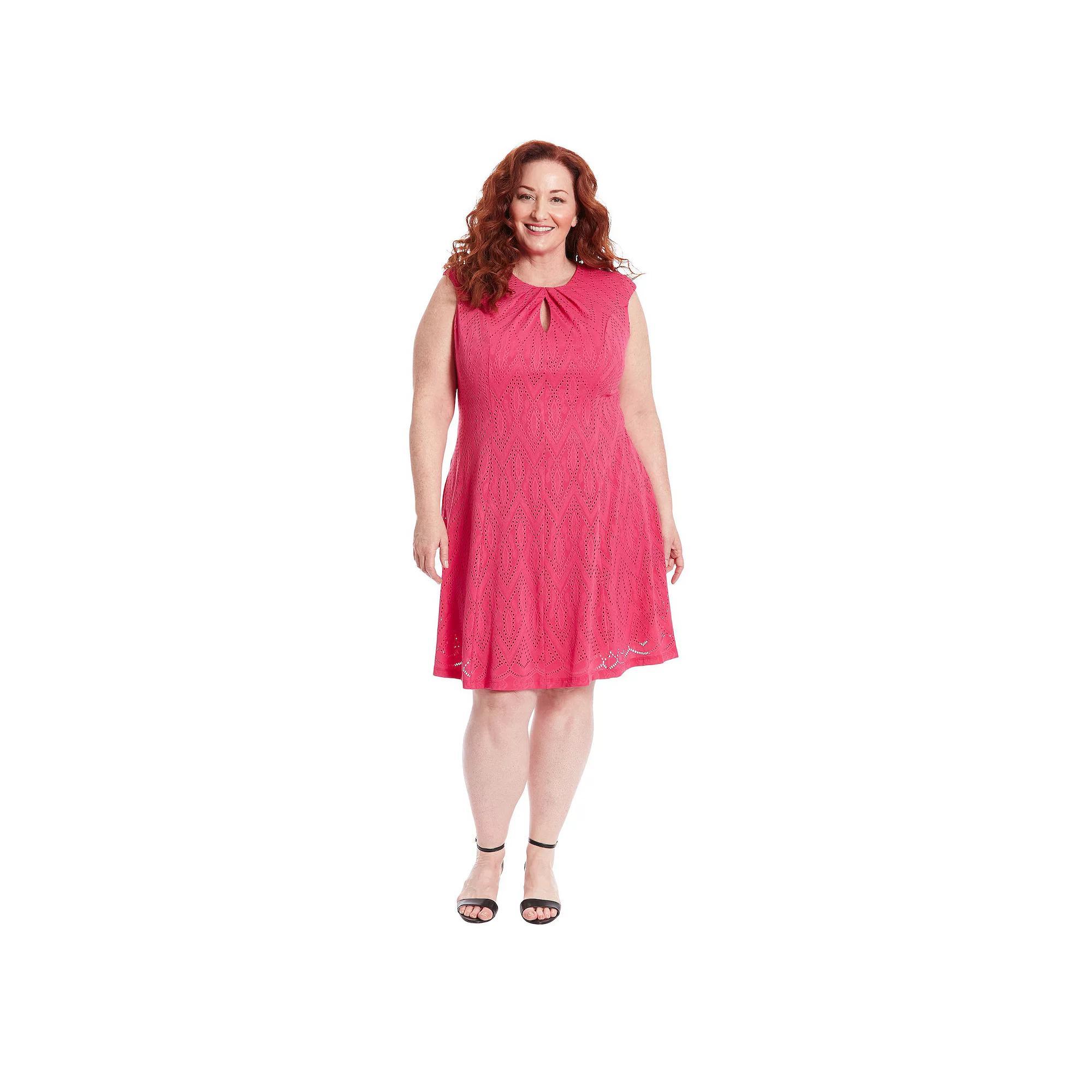 Plus Size London Times Embroidered Keyhole Neckline Fit And Flare Dress, Women's, Size: 2XL, Bright Pink Product Image