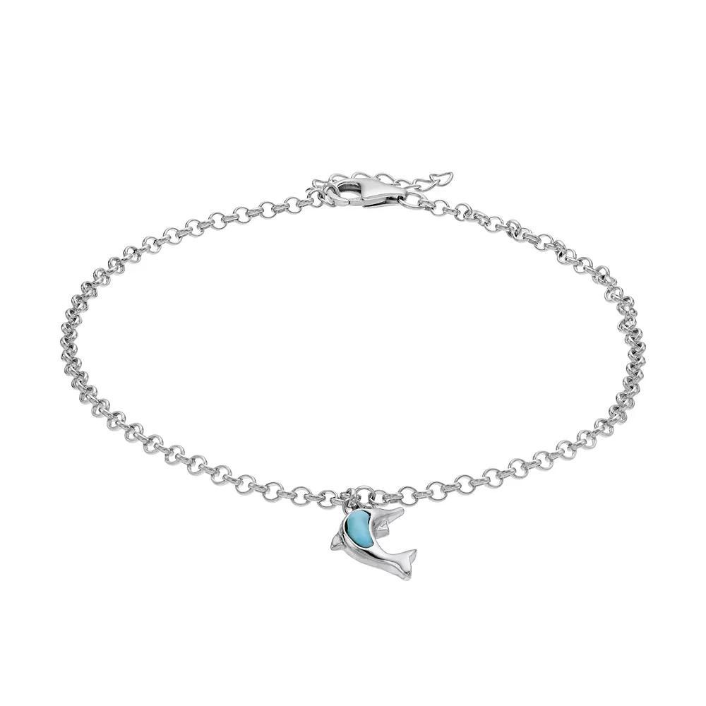 Sterling Silver Larimar Dolphin Anklet, Women's Product Image