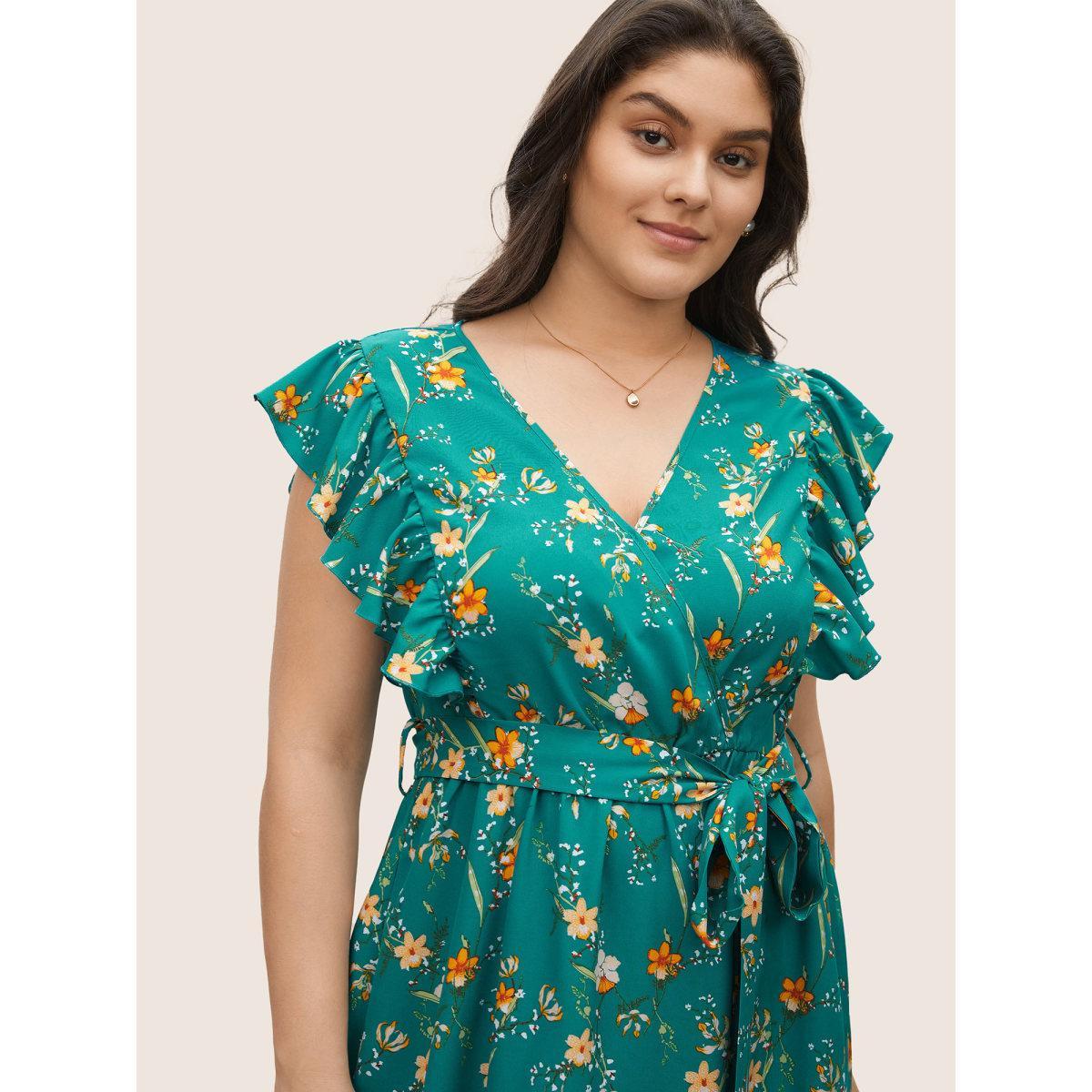Plus Size Ditsy Floral Flutter Trim Pocket Layered Hem Dress Teal Women Elegant Non Overlap Collar Cap Sleeve Curvy Midi Dress BloomChic 18-20/2X Product Image
