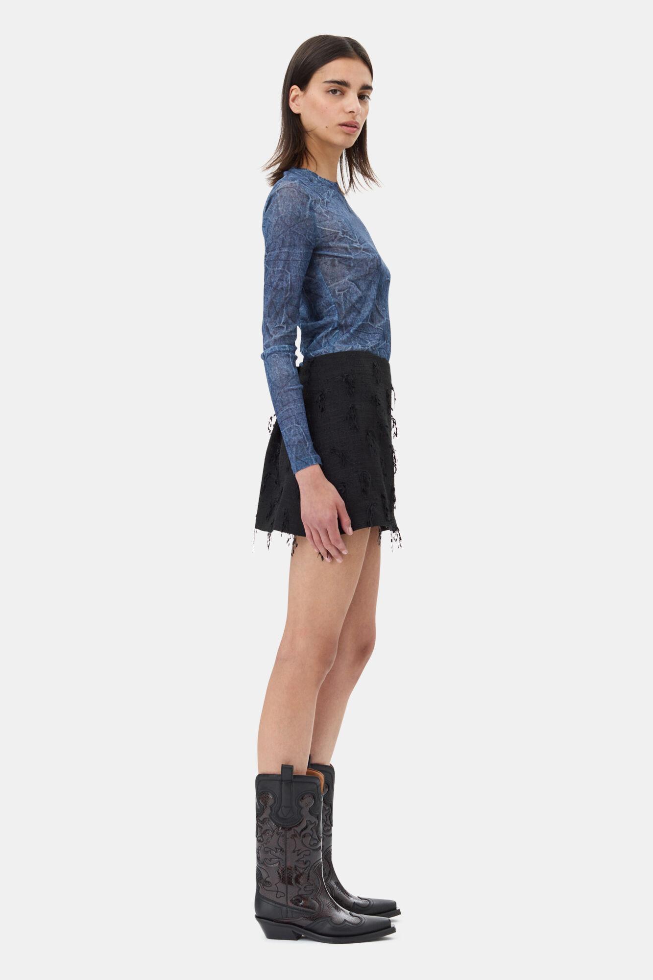 Blue Printed Mesh Long Sleeve Blouse Product Image
