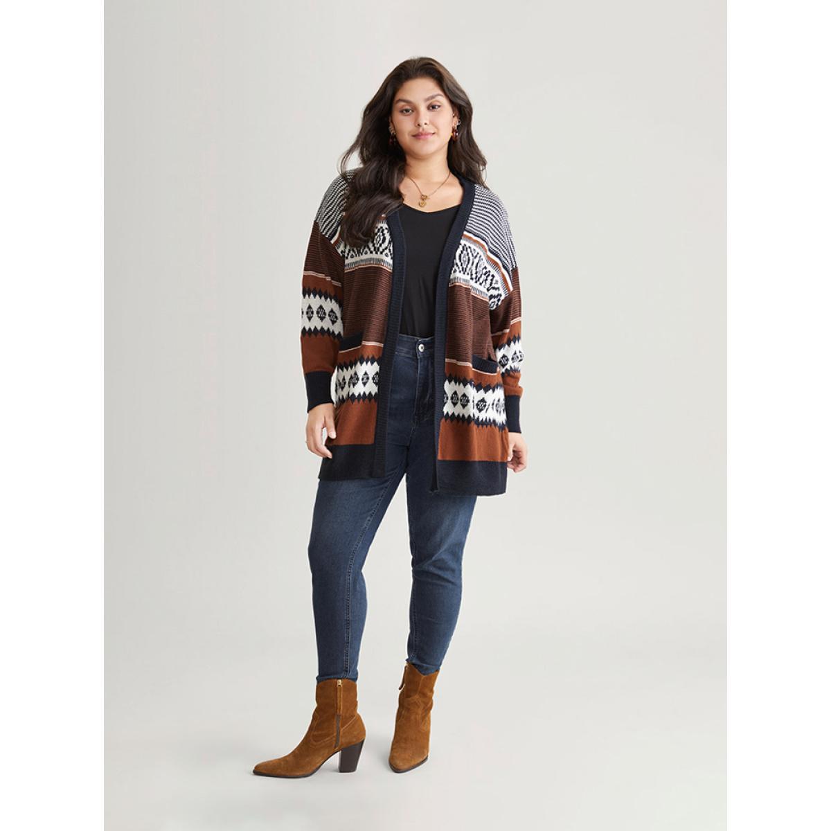 Plus Size Bandana Print Open Front Patched Pocket Cardigan Rust Women Casual Loose Long Sleeve Dailywear Cardigans BloomChic 14-16/1X Product Image