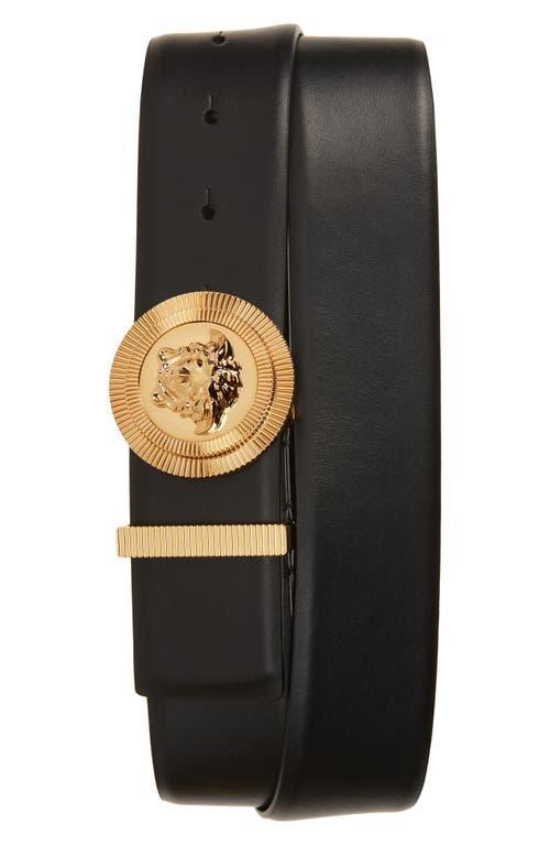 VERSACE Medusa Streamlined Leather Belt With Adjustable Length And Gold-tone Buckle In Black Product Image