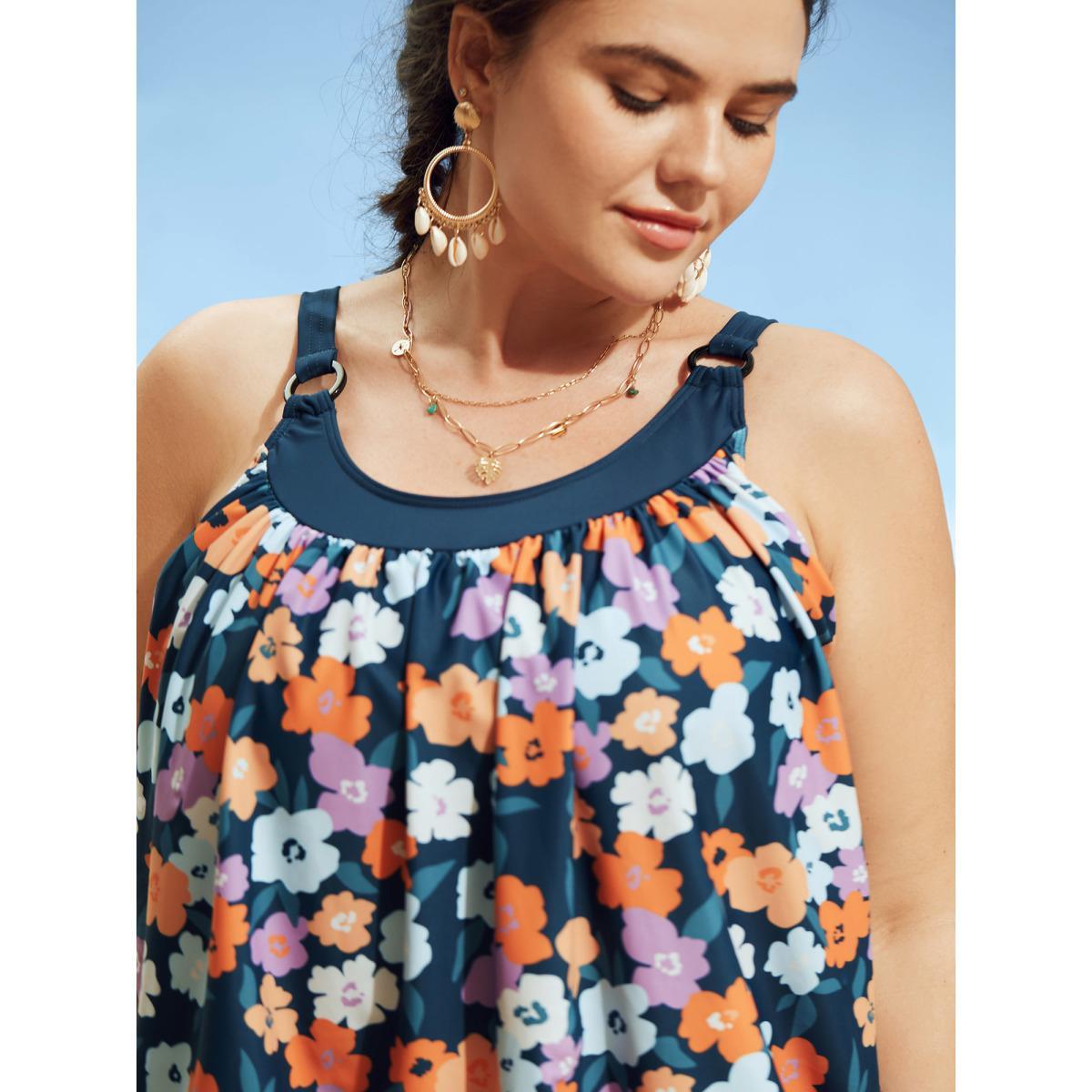 Plus Size Floral Patchwork Round Buckle Detail Swim Top Women's Swimwear Indigo Beach Contrast High stretch Bodycon Heart neckline Curve Swim Tops BloomChic 22-24/3X Product Image