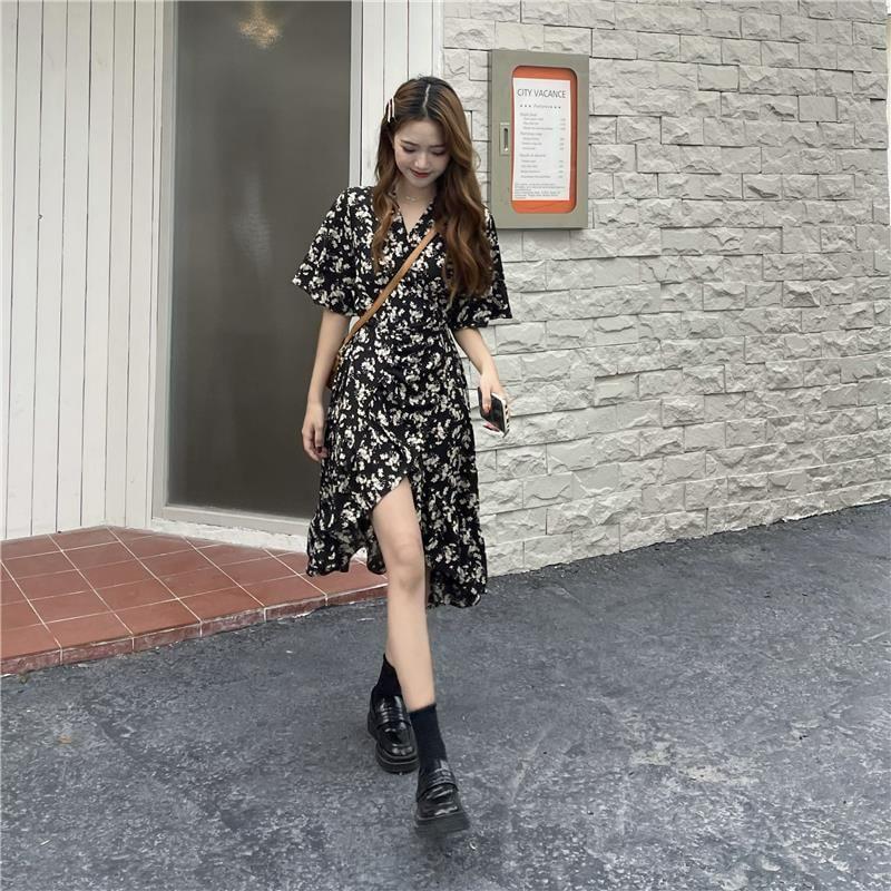 Short-Sleeve V-Neck Floral Print Ruffle High-Low A-Line Dress Product Image