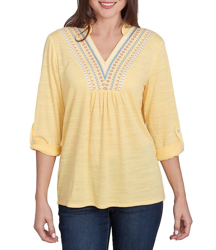 Ruby Rd. Knit Embroidery V-Neck 3/4 Roll-Tab Sleeve Top Product Image