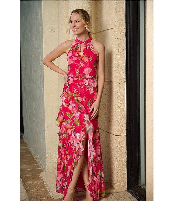 Adrianna Papell Chiffon Floral Print Halter Neck Sleeveless Ruffle Blouson Gown Product Image
