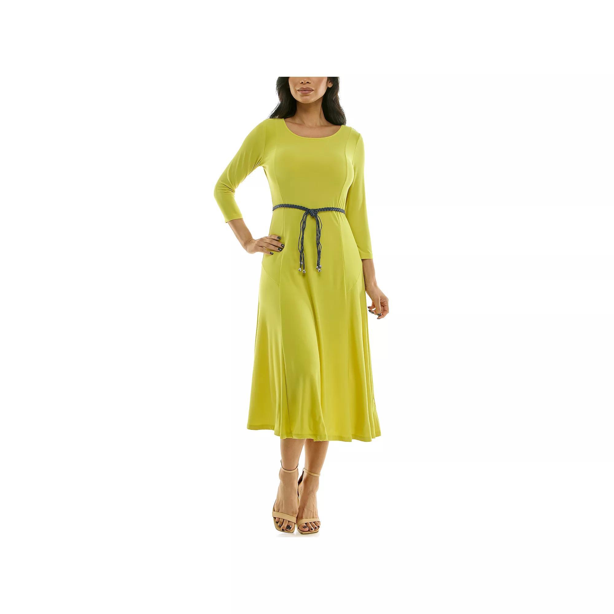Womens Nina Leonard Sylvia Three-Quarter Sleeve Belted Midi Dress Green Product Image